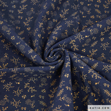 Tela Flannel Cotton Print Gold Navy Leaves A/W 2105-4