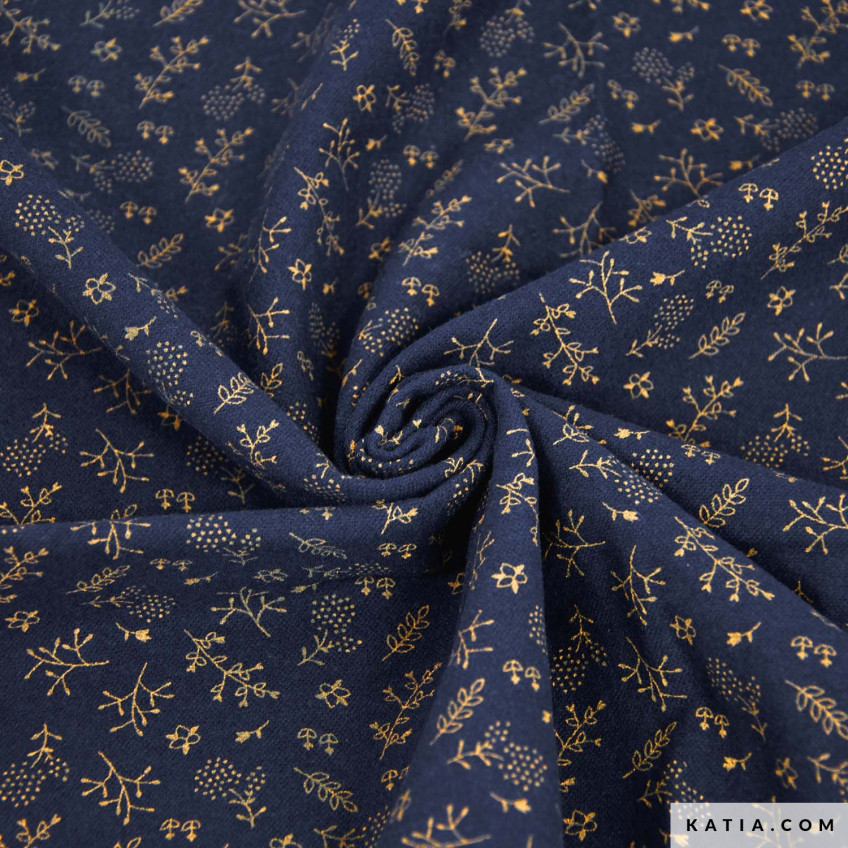 Tela Flannel Cotton Print Gold Navy Leaves A/W 2105-4