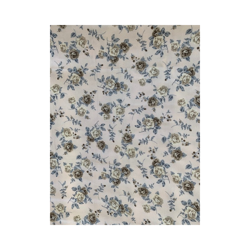 Tela Viella con flores y hojas medianas en beis y azul