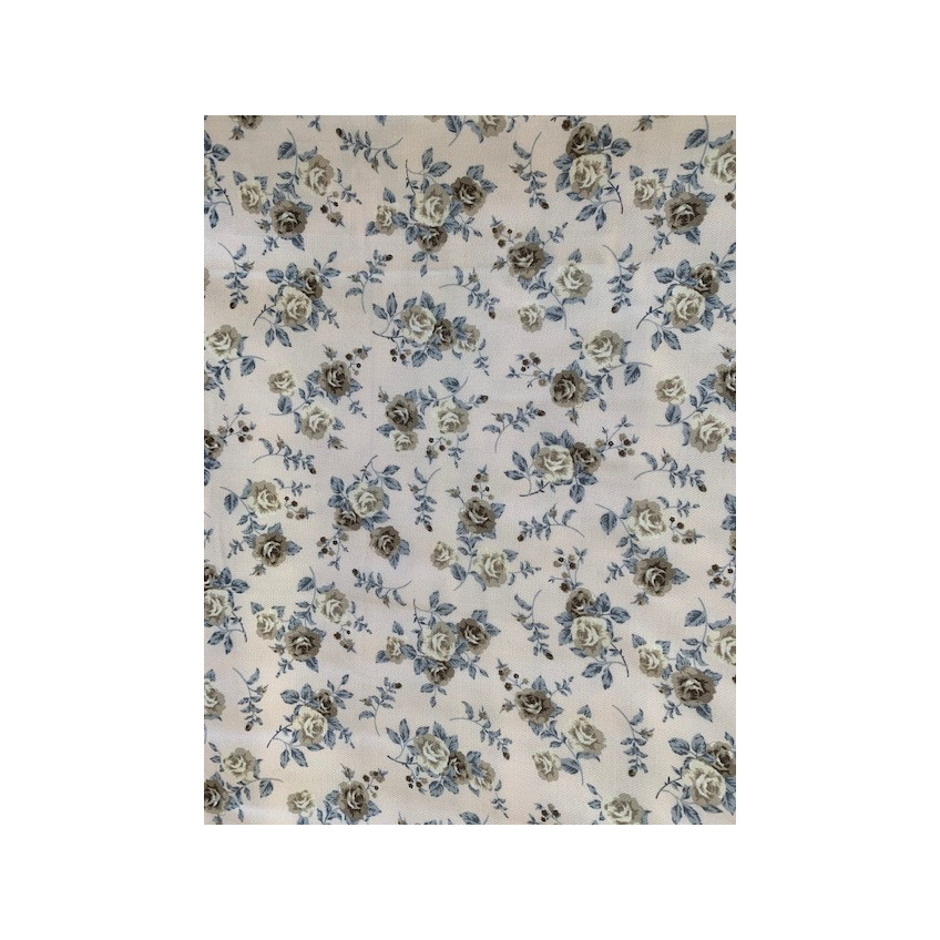 Tela Viella con flores y hojas medianas en beis y azul