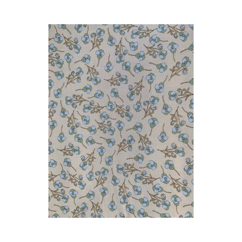 Tela Viella con ramillete de flores en azul y verde sobre fondo beis