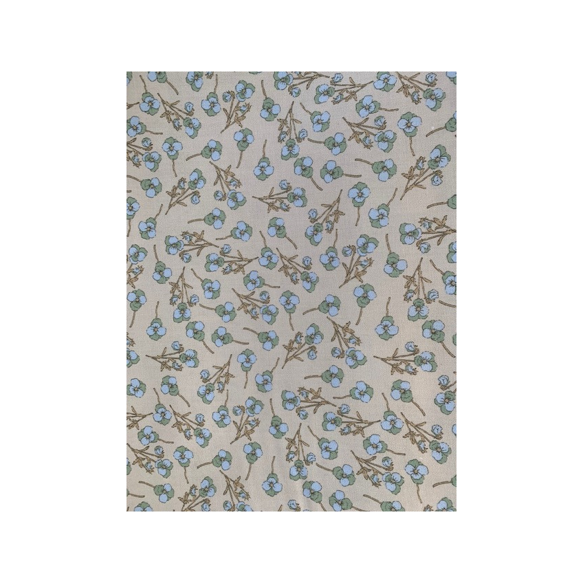 Tela Viella con ramillete de flores en azul y verde sobre fondo beis